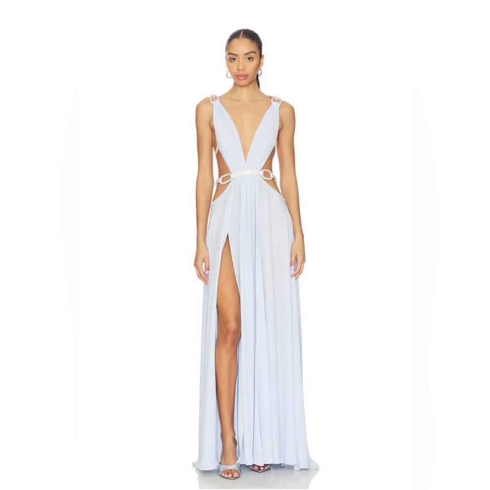 NEW Bronx and Banco Brielle Powder Blue Diamond Gown Elegant Plunge Cutout dress - Picture 5 of 17